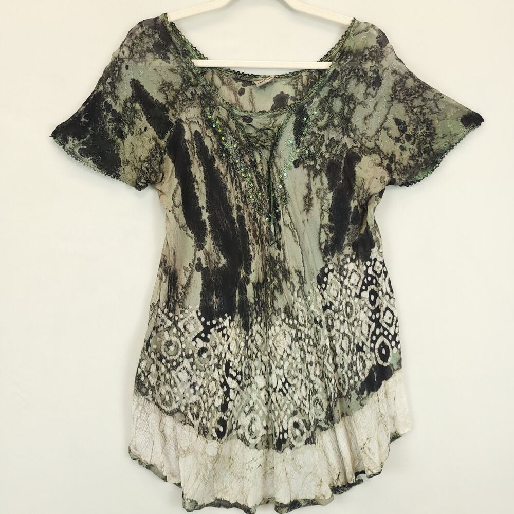 Advance Apparels Tunic Top Sequin Embroidered Gauzy Tie Dye Women OS Olive Gray